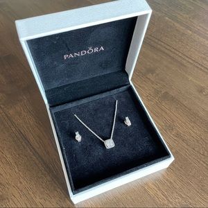 NWT - PANDORA Silver Diamond Necklace+Earring Set